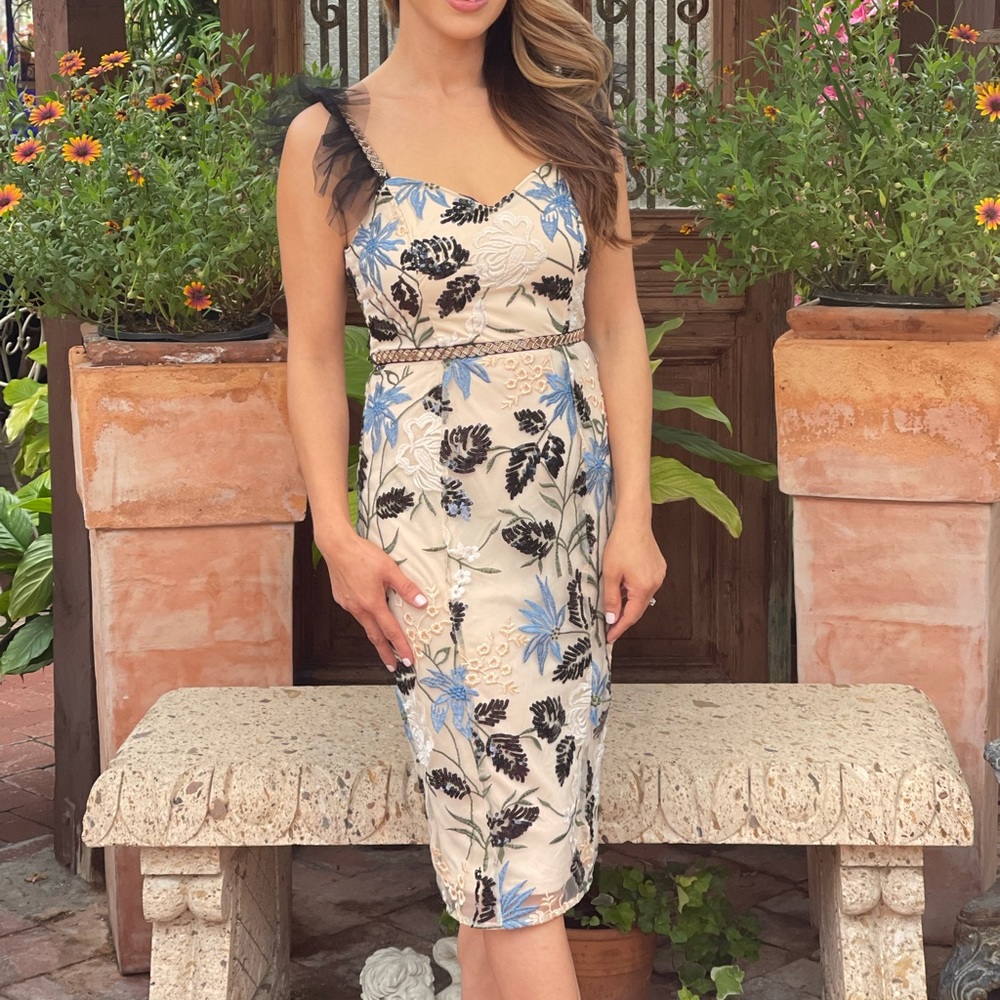 Lulus Show Stopper Cream Embroidered Sequin Bodycon Midi Dress